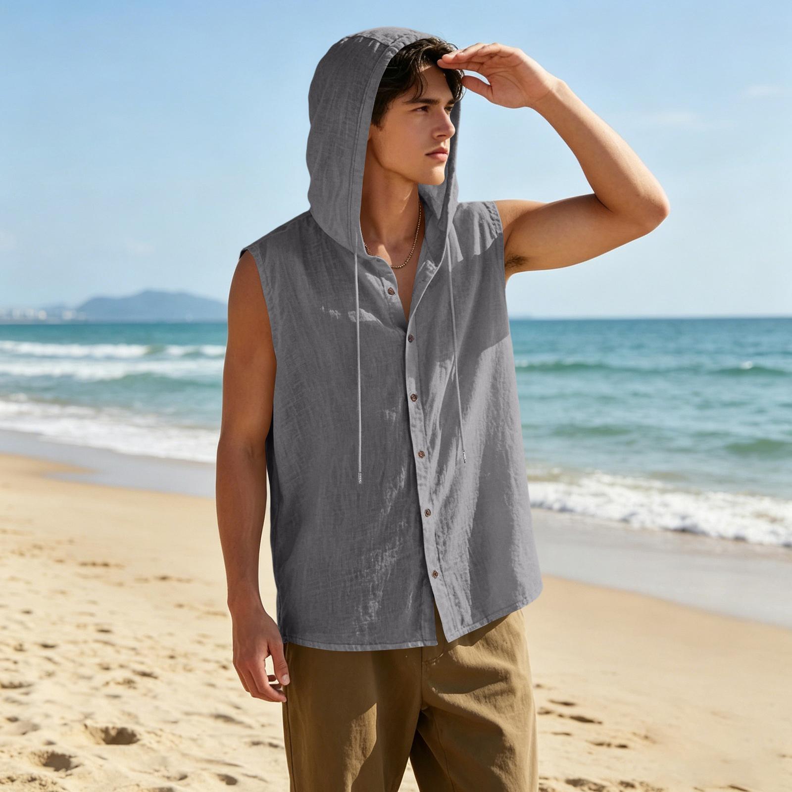 Men’s Linen Sleeveless Hooded Shirt Button Down Loose Fit Breathable Casual Vest Top Lightweight Relaxed Style Summer Apparel XL