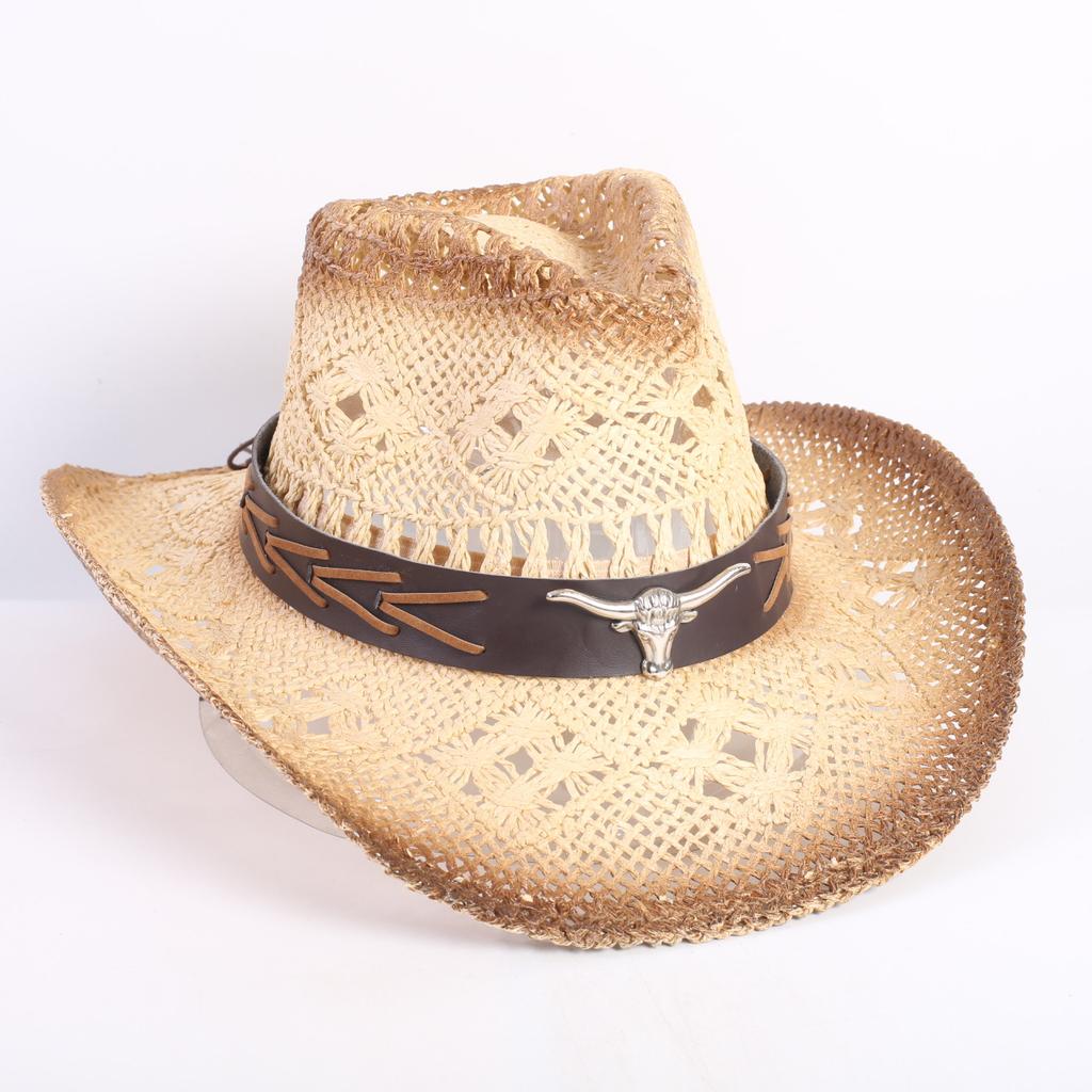 Popular European and American Fashion Hollow Woven Hat Straw Hat Men's and Women's Classic Outdoor Western Denim Straw Hat