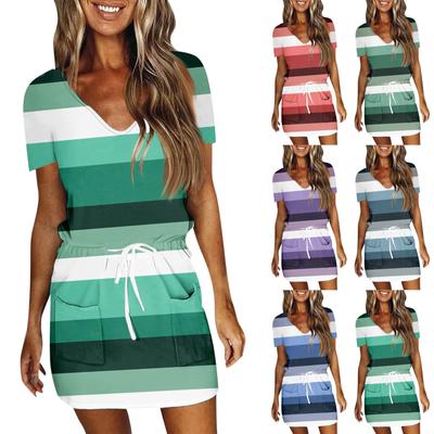 Women's Summer Casual Fashion Printed Drawstring V Neck Short Sleeve Dress