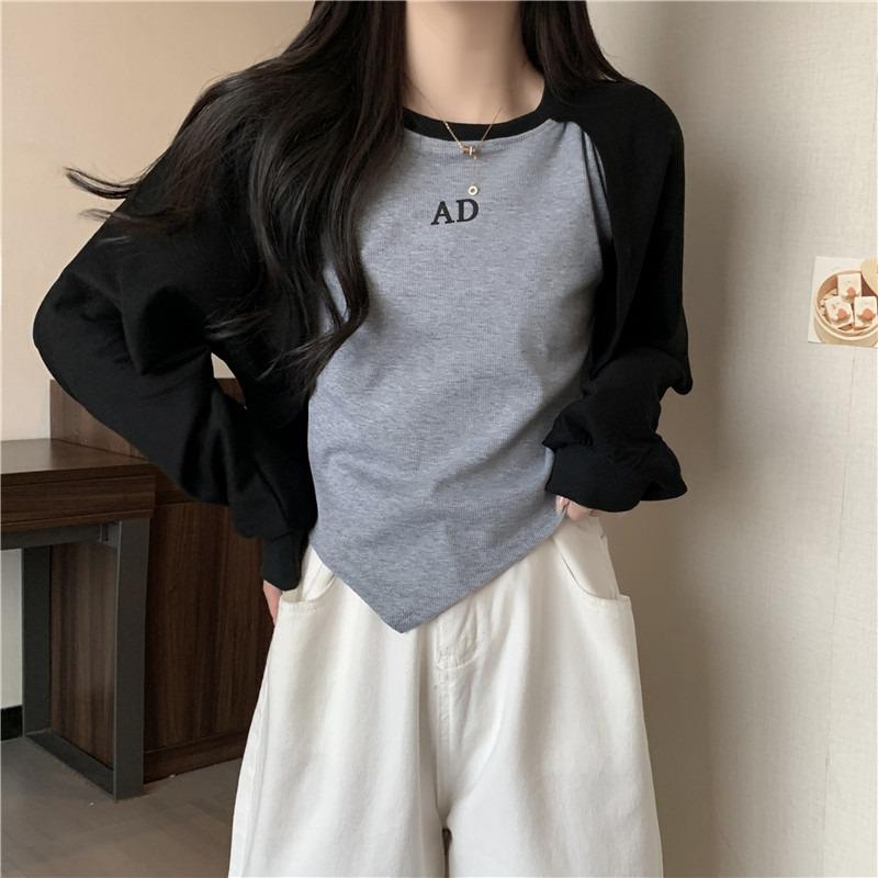 

Реальное фото нерегулярный фейковый свитер из двух частей с коротким рукавом и длинным рукавом женский тонкий новый дизайн топ 2XL чёрный