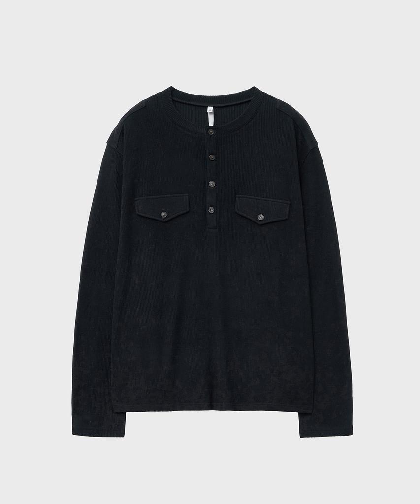 NOIRER Ribbed Henley Neck Long Sleeve T-Shirt (Black)