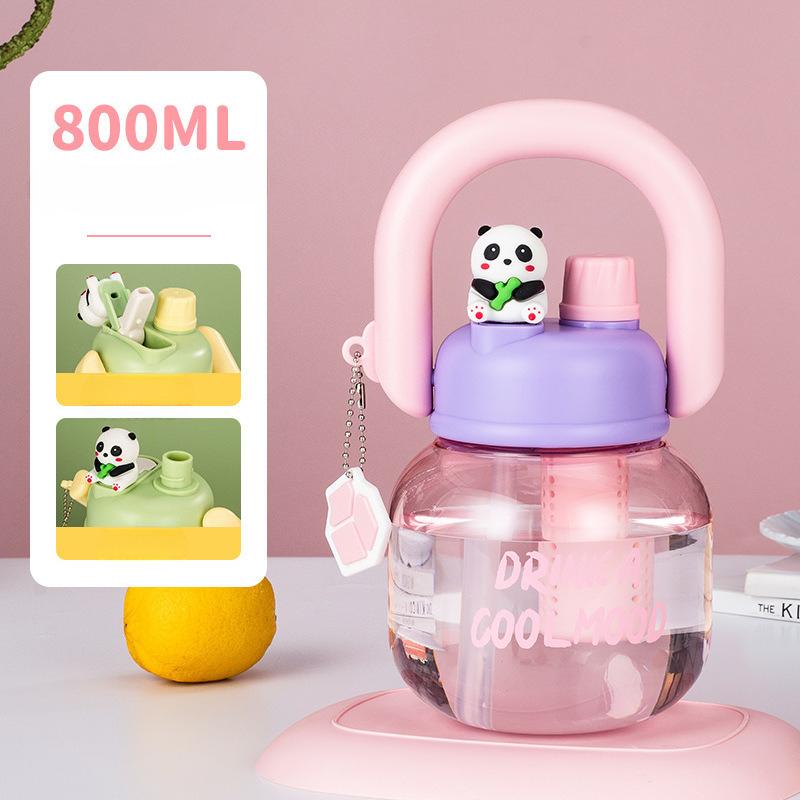Cute Cartoon Panda 800ml Large Capacity Plastic Water Bottle With Handle Portable Straight Drink Cup For Children School Office