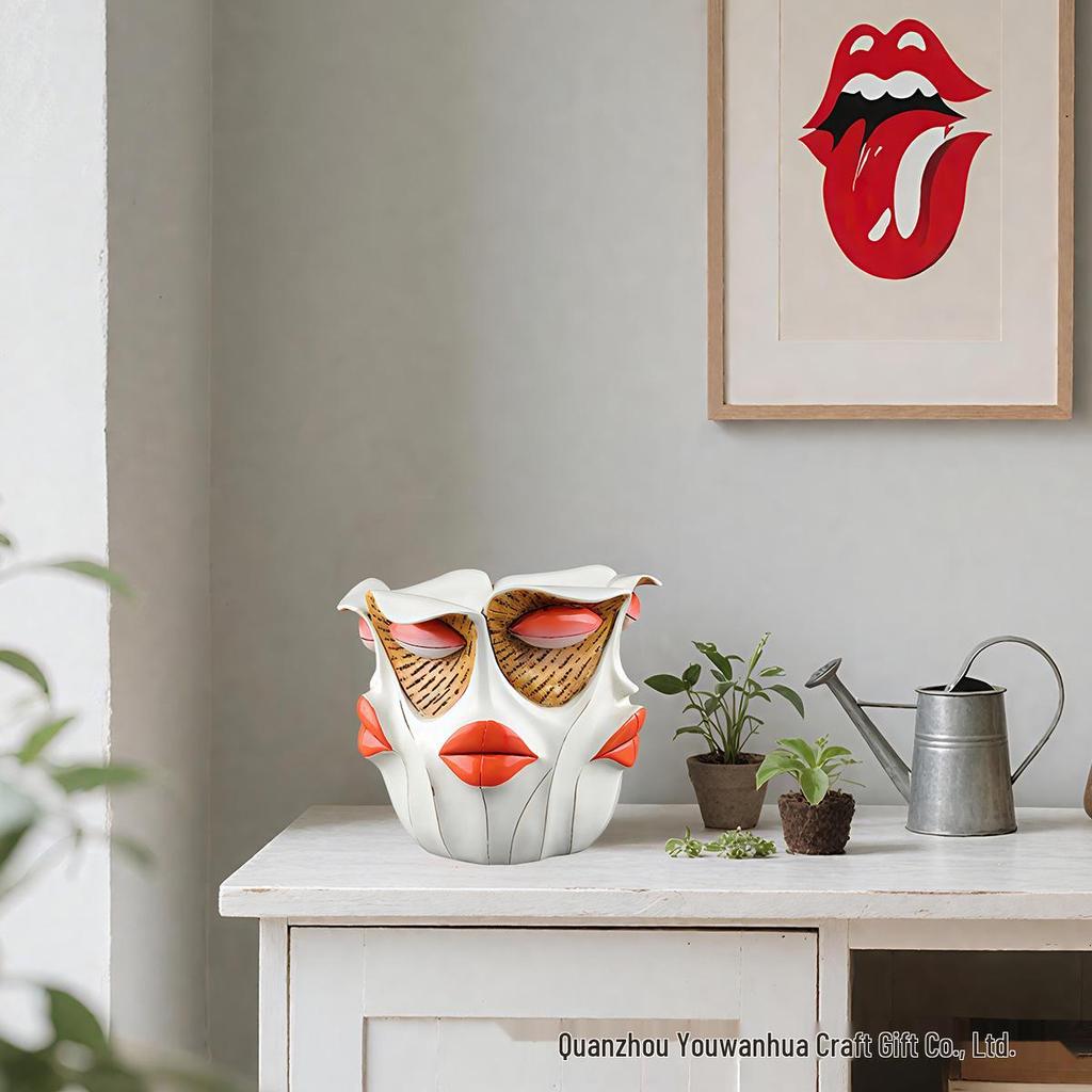 Abstract Red Lips Face Flower Pot: Resin Ornament for Courtyard, Balcony, or Garden Bonsai.