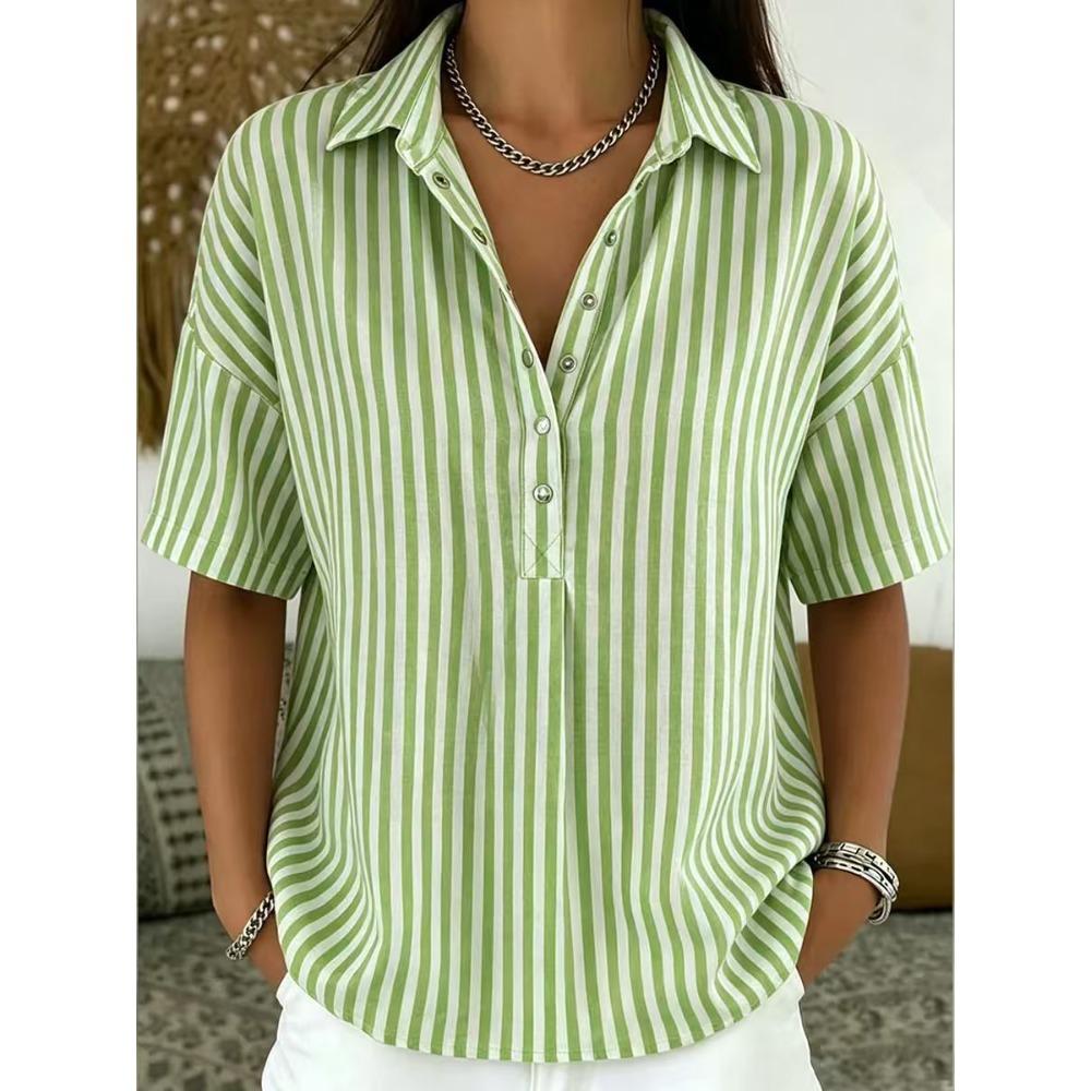 New summer collection: women’s fashionable casual striped short-sleeved shirt with a turn-down collar S желто-зеленый