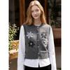 Basic House Floral Accent Crew-Neck Faux Two-Piece Knitted Cardigan