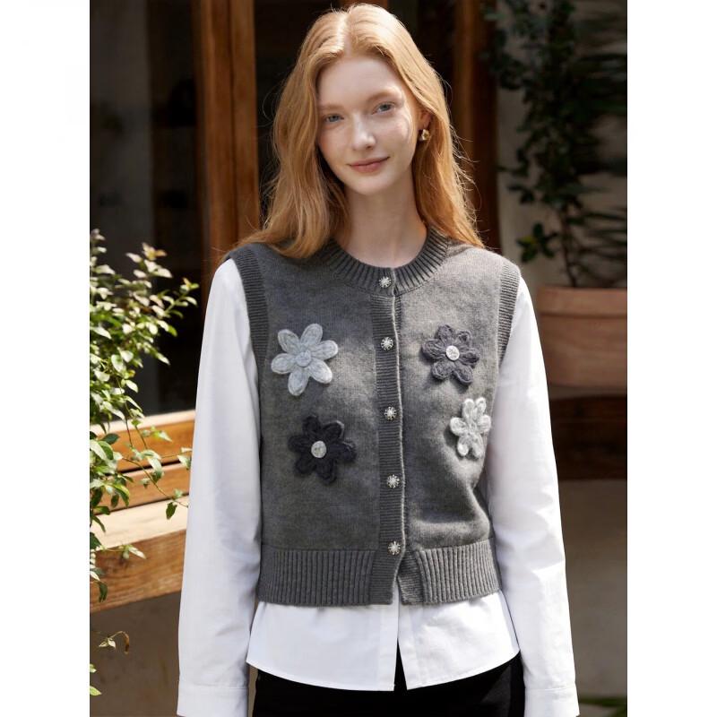 Basic House Floral Accent Crew-Neck Faux Two-Piece Knitted Cardigan