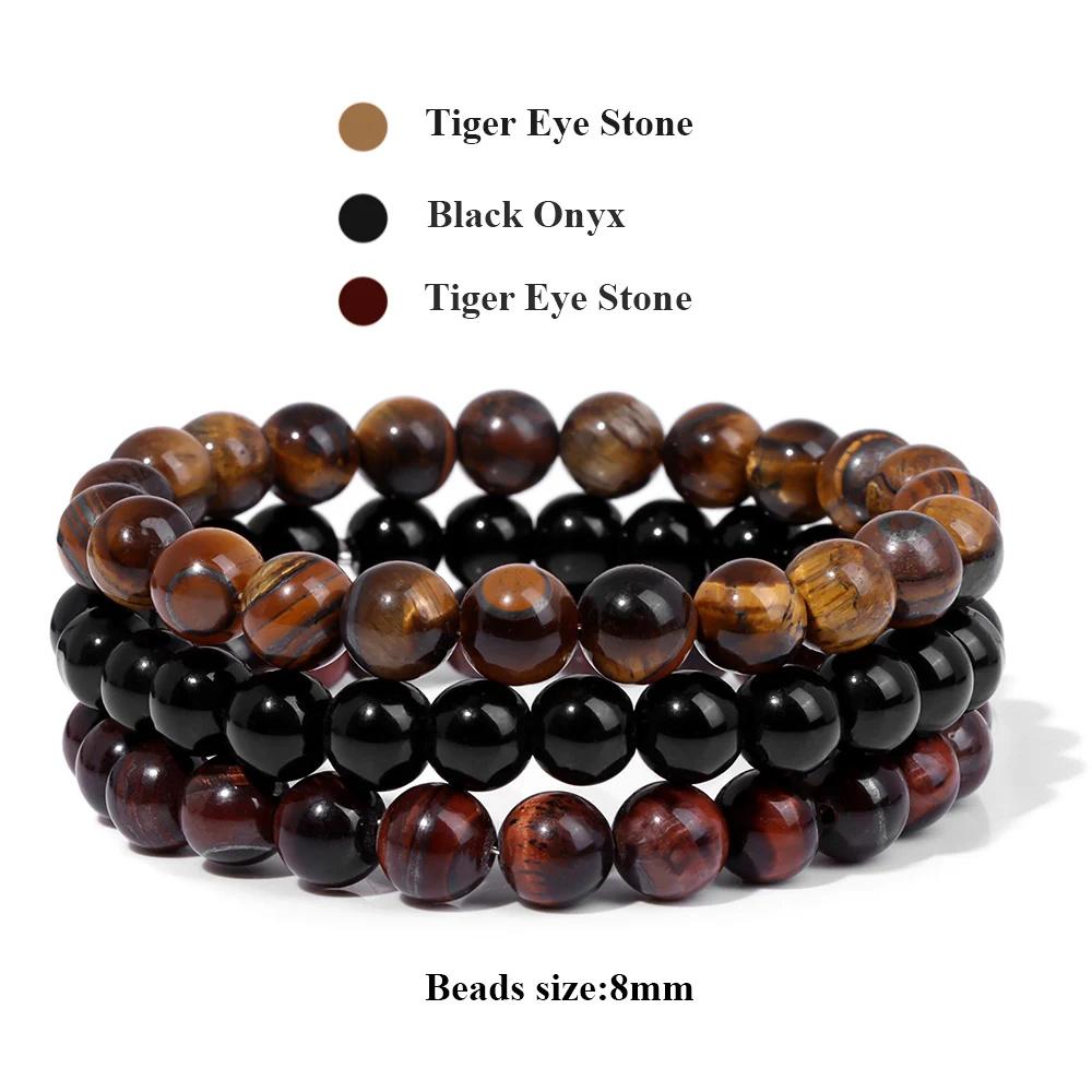 3Pcs/Set Natural Stone Bracelet Rose Quartzs Obsidian Amethysts Tiger Eye Beads Elastic Bracelet For Women Men Health Protection