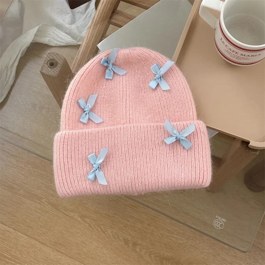 Ins New Sweet Bow Knitted Women's Hats Autumn and Winter Korean Version Fashion Warm Thickened Pullover Cute Beanies Caps