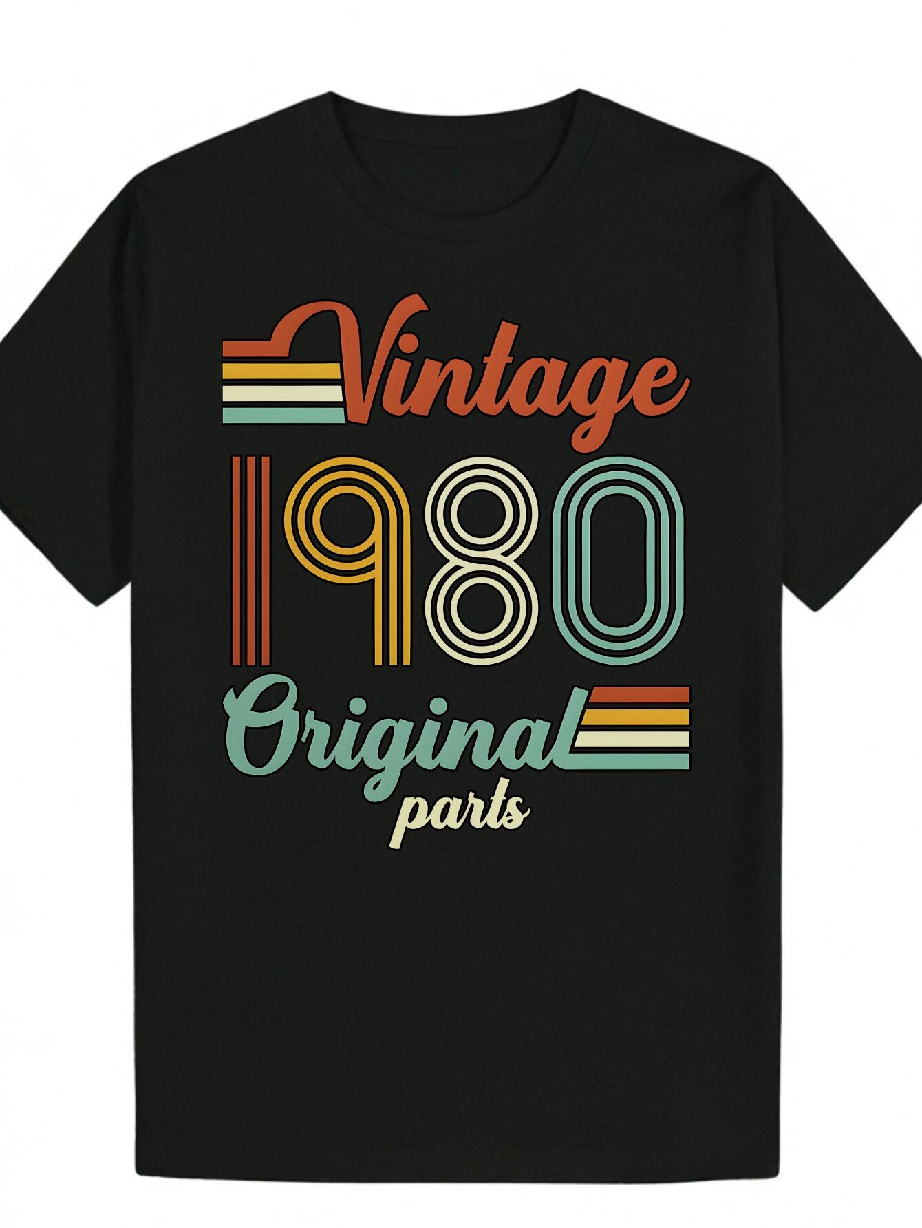 

Vintage 1980 Original Parts Graphic T-shirt - Black Retro Casual Short Sleeve Tee with Colorful Stripes XXXXL