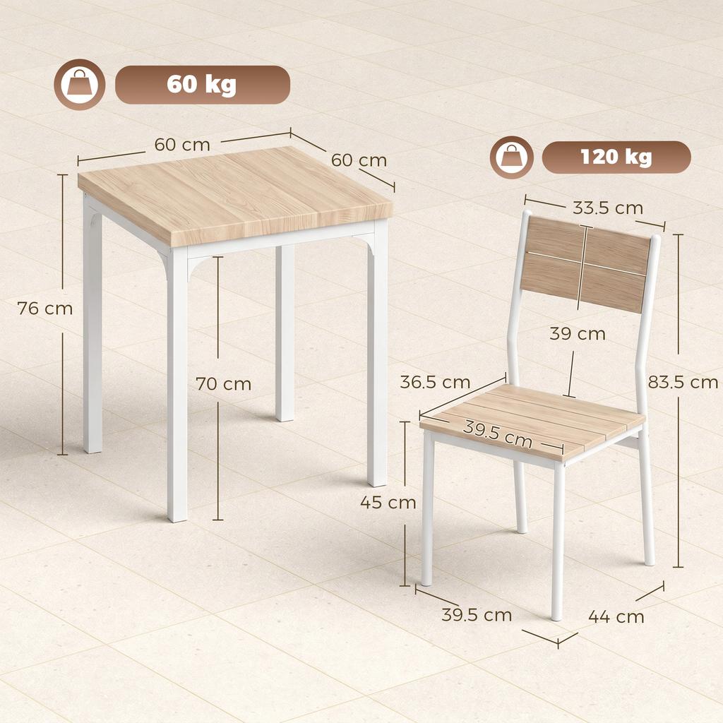 Three-Piece Minimal and Compact Dining Set, Oak Wood Effect