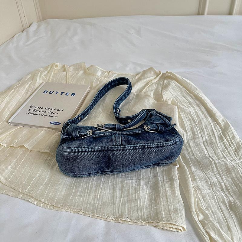 Y2K Washed Denim Shoulder Bag with Buckle Detail Zipper Closure Casual Underarm Purse for Daily Use