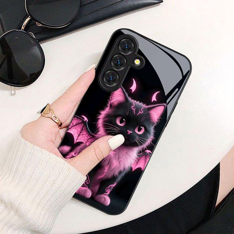 Cute Devil Cat Pattern Glass Phone Case Suitable for Samsung GalaxyS26 S25 S24 S22 S21 S20FE/Ultra/Plus Dustproof and Shockproof
