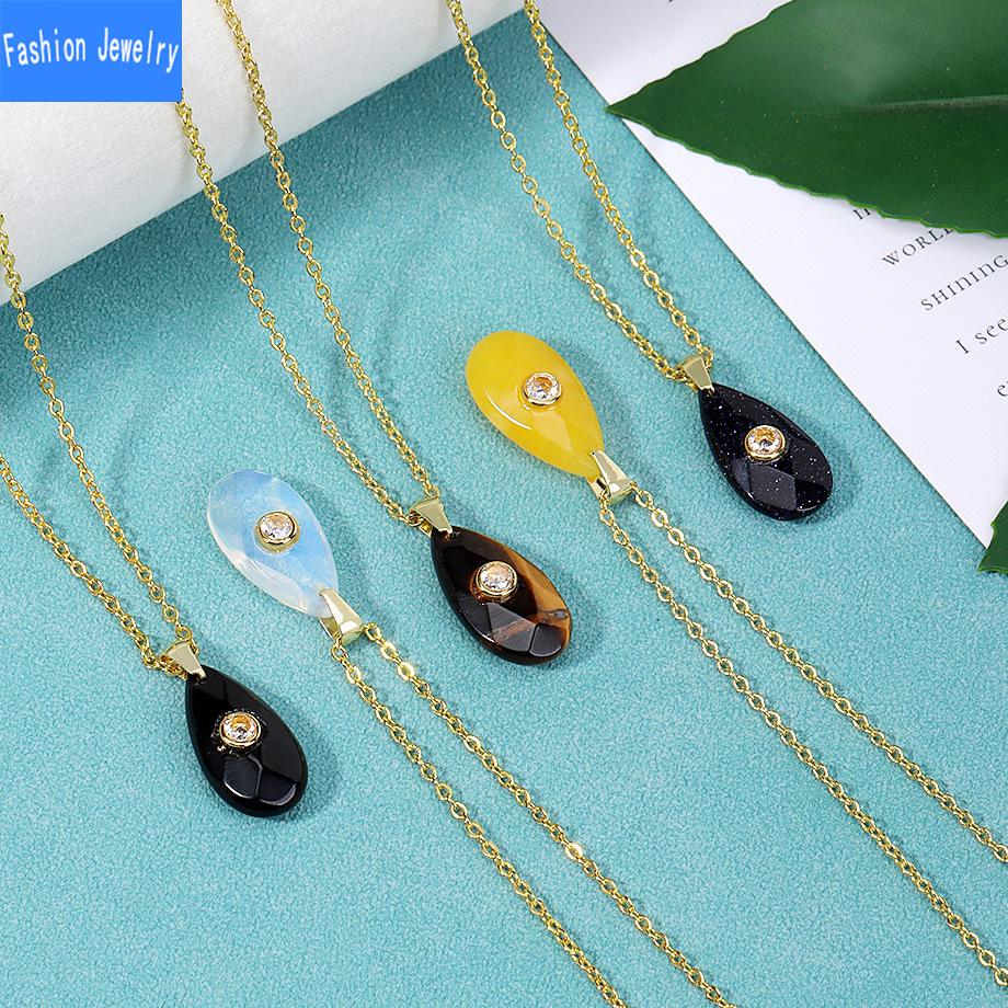 Natural crystal stone faceted water drop pendant micro-paved zircon fashion personalized necklace