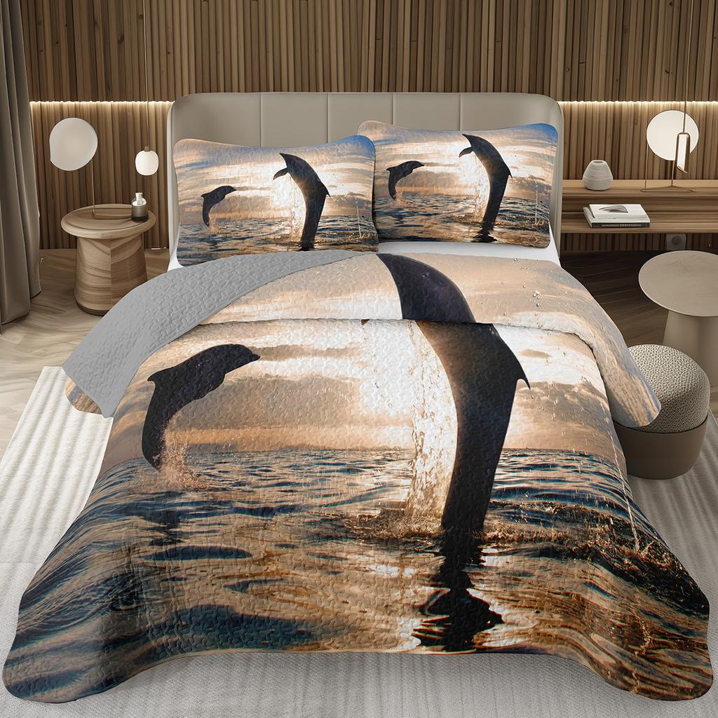 Cute Dolphin Bedspread Twin/King Reversible Grey Quilted Coverlet Ocean Animal Bedding Set 2/3 Pieces Soft Lightweight Quilt Set
