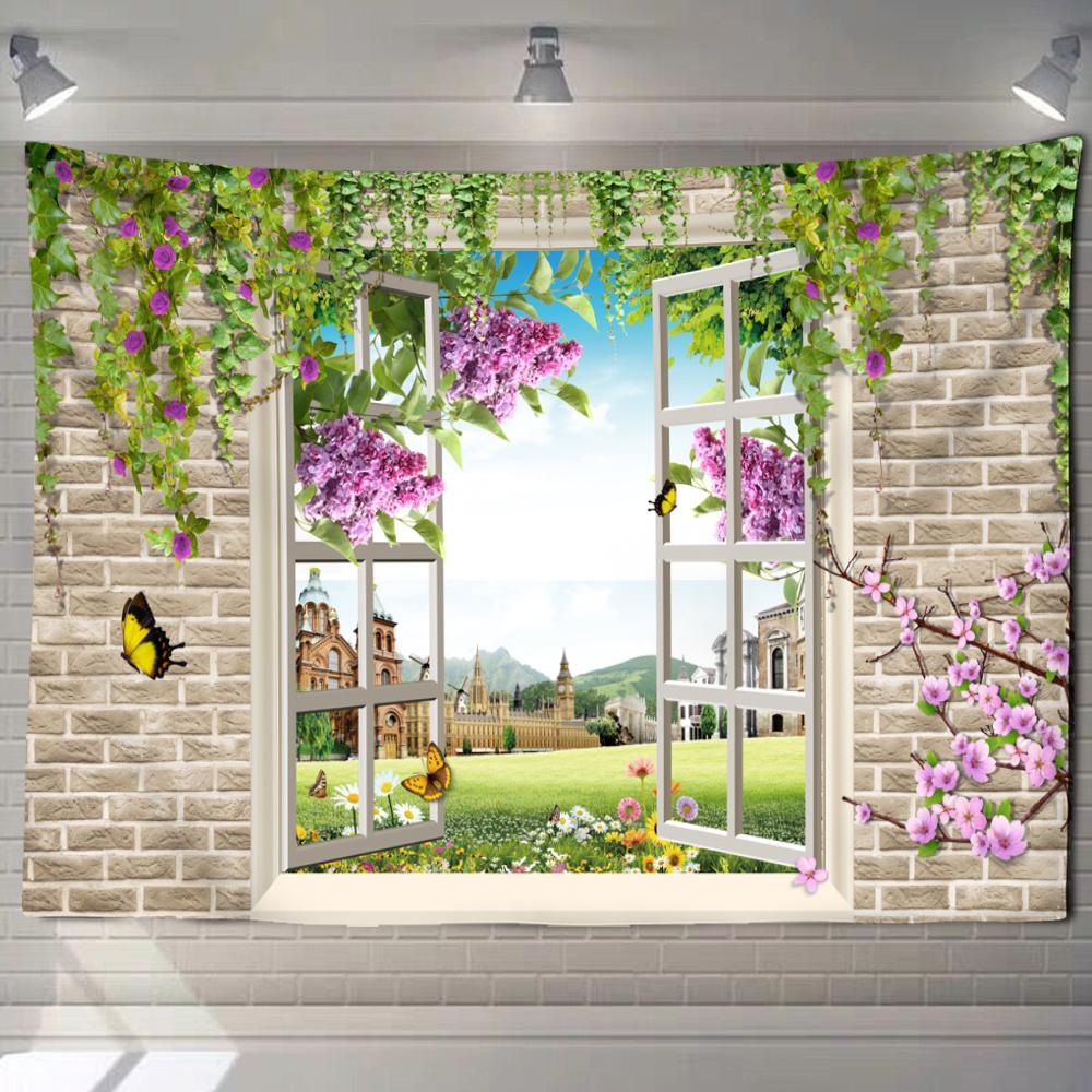 Imitation Window Forest Landscape Painting Tapestry Wall Hanging Bohemian Style Psychedelic Mandala Home Decor