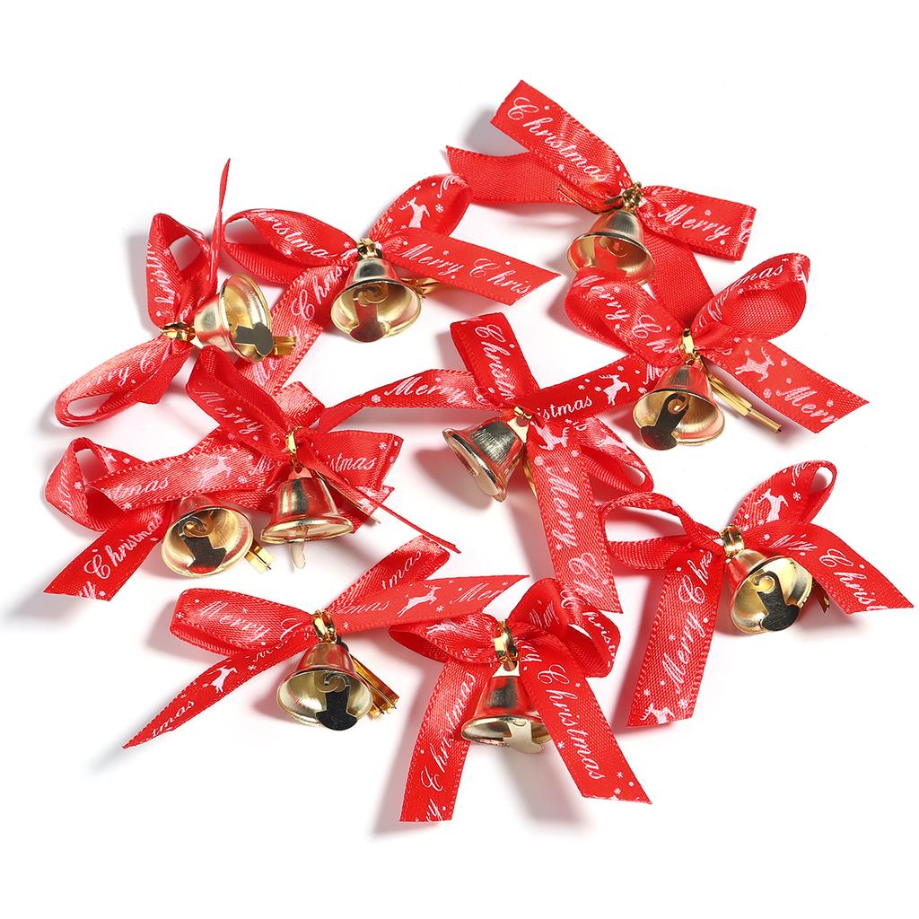 10pcs/lot Christmas Bow Exquisite Polyester Printed Bowknot With Bell For DIY Crafts Garment Ornament Christmas Tree Decoration