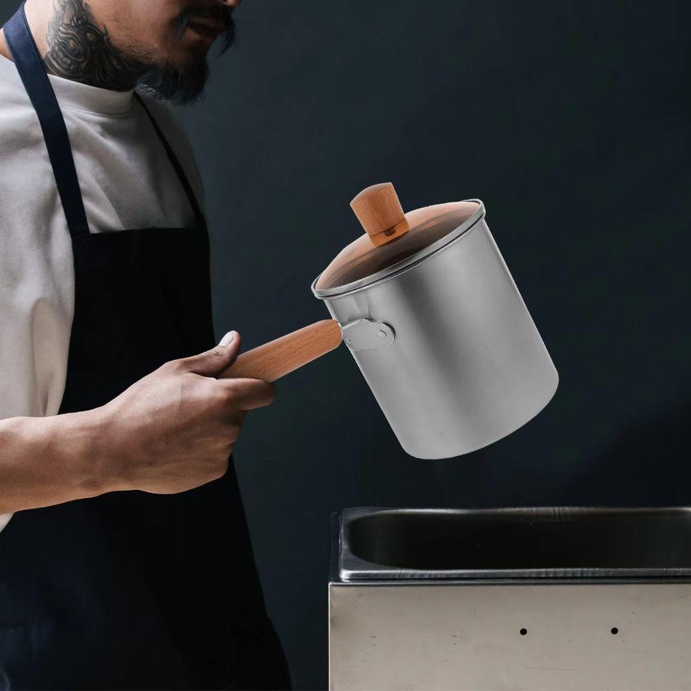 Wood Handle Deep Fryer with Strainer Strainer Basket Milk Warmer Pot  Home Restaurant