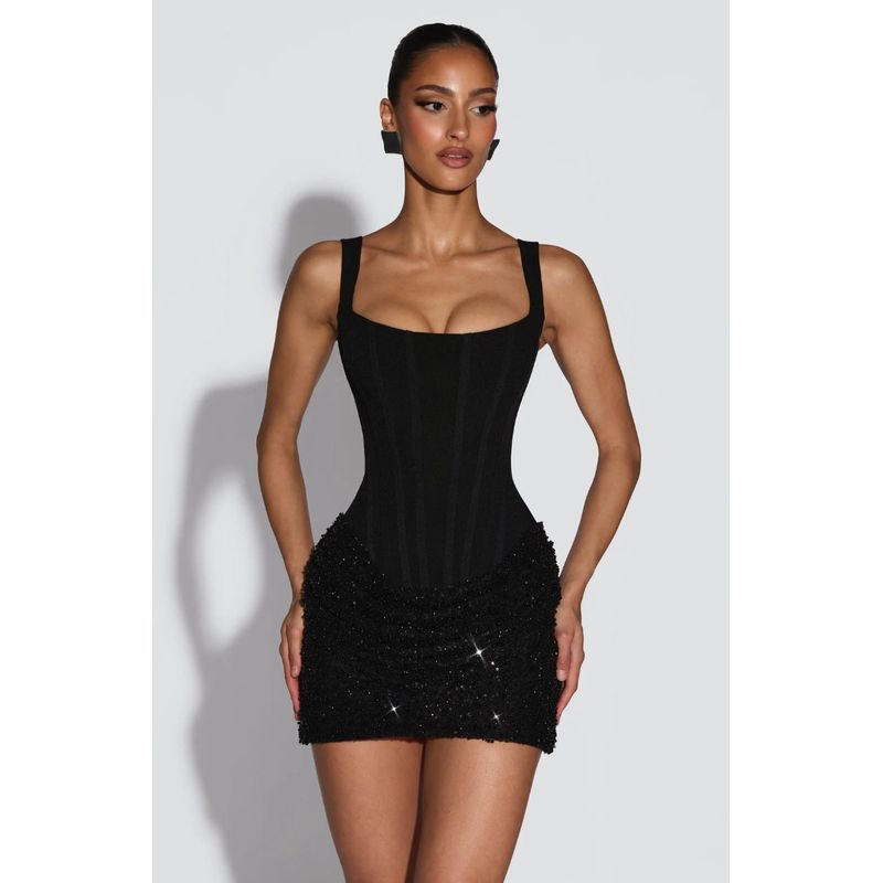 European and American Sexy Women s Clothing Cross-Border Sexy Round-Neck Patchwork Shiny Dress Sexy Dress Party Black XS