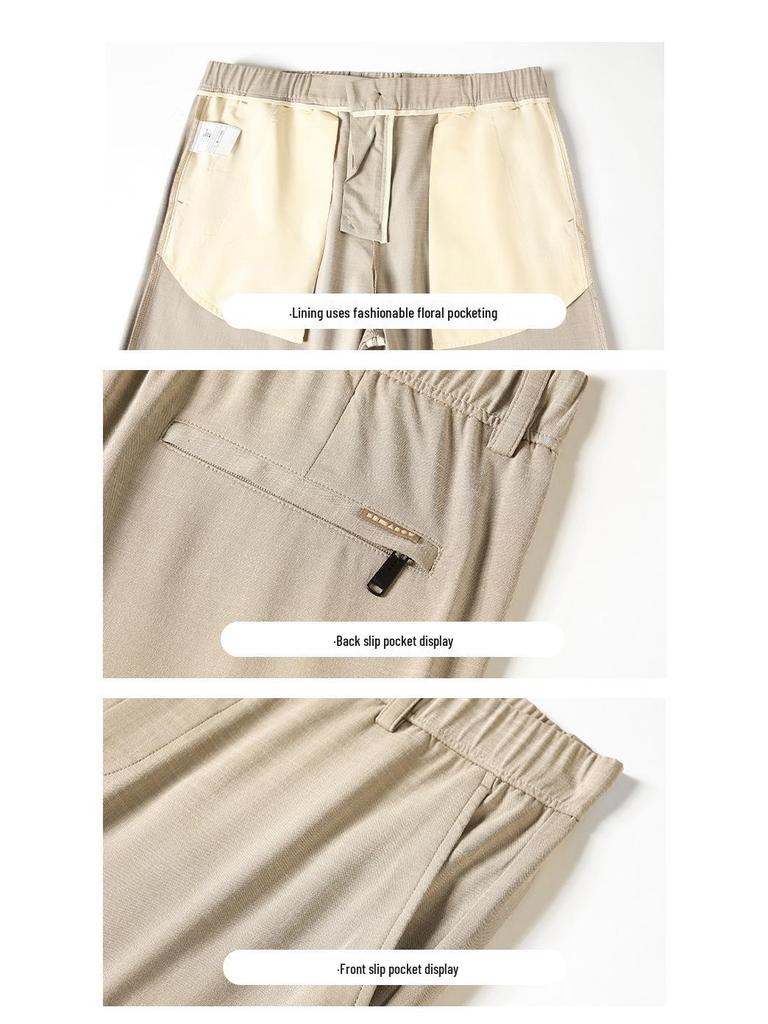Pánské vysoce kvalitní business casual kalhoty z ledového hedvábí s elastickým pasem a rovnými nohavicemi - s krátkým rukávem, pohodlné na léto