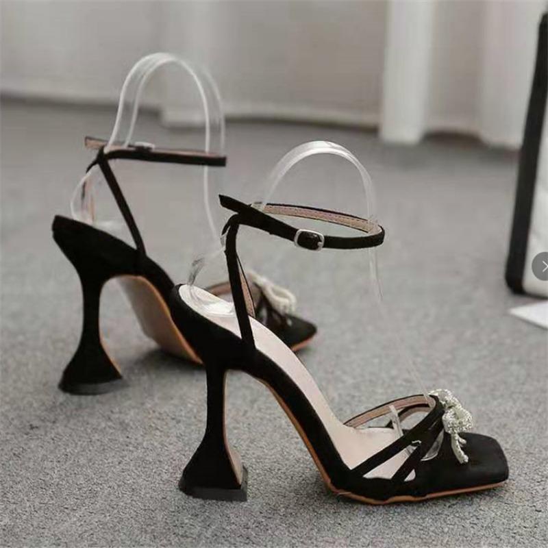 Comemore Elegant Woman Heels Sandals Sexy Peep Toe Rhinestone Butterfly-knot Women's Sandales Transparent High Heels Summer Shoe