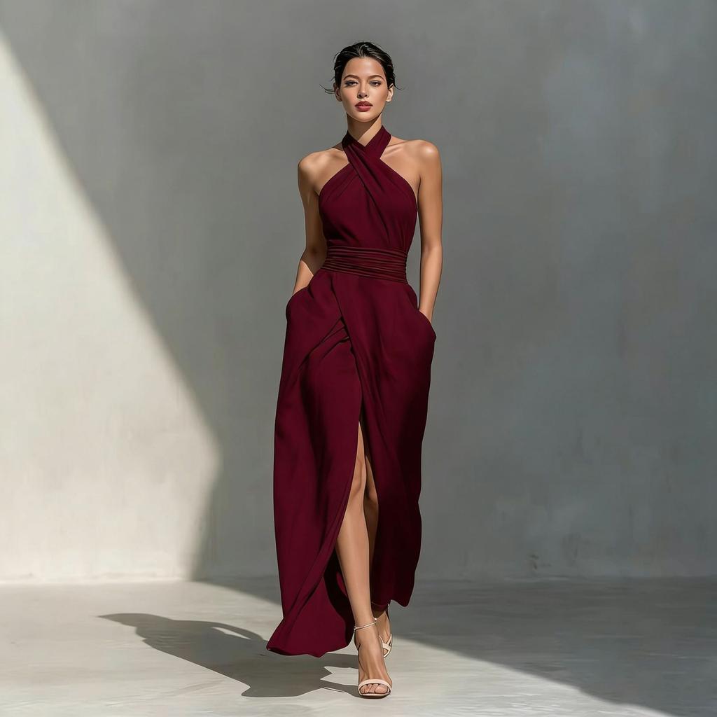 Damen Neckholder Ärmelloses Midi-Kleid Figurbetont Hoher Bund Elegant Einfarbig Schlitz Wickelkleid