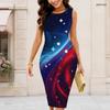 Women Plus Size Round Neck Sleeveless Galaxy Star Printed Bodycon Midi Dress