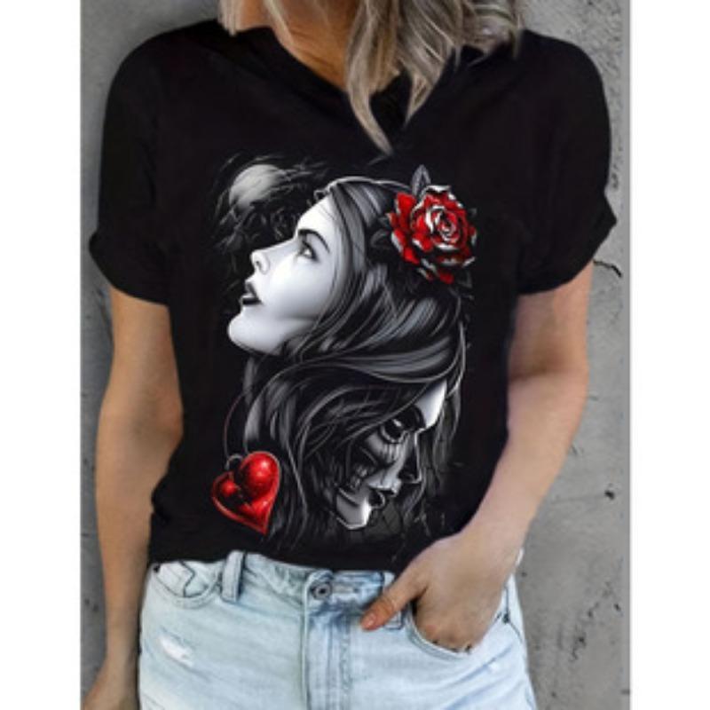 Summer Round Neck 3D Kull Print Top Fashionable Casual Short Sleeved Women's T-shirts
