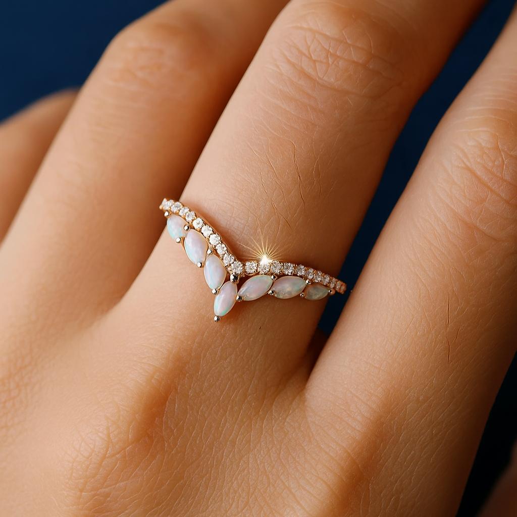 V Shape Opal Ring, Rose Gold Plated Silver Chevron Band, Marquise Cut Opal with CZ Stones, Women’s Wedding Stackable Ring