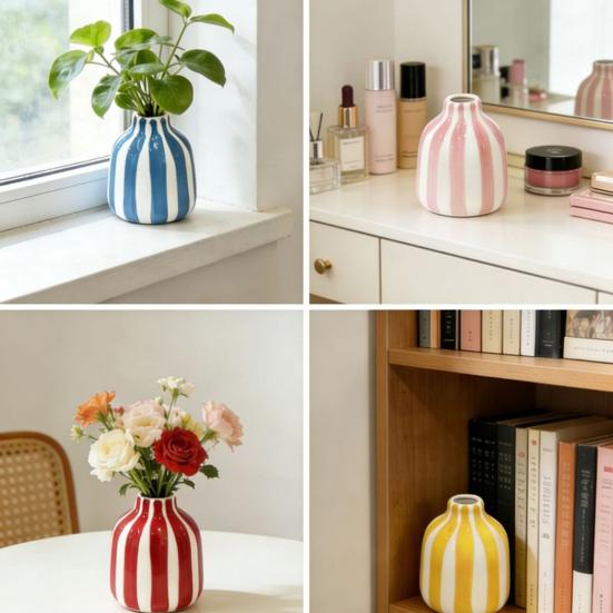 Ceramiczny Pasiasty Wazon Ręcznie Malowany Nowoczesny Nordycki Boho Wazon Mały Dekoracyjny Pojemnik na Kwiaty na Stolik Boczny Kuchnia Pomieszczenie Wewnętrzne Ozdoba Stołu