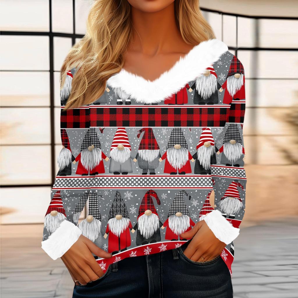 Women's Casual Long Sleeve Christmas Print Top with Plush Collar Holiday Tunic