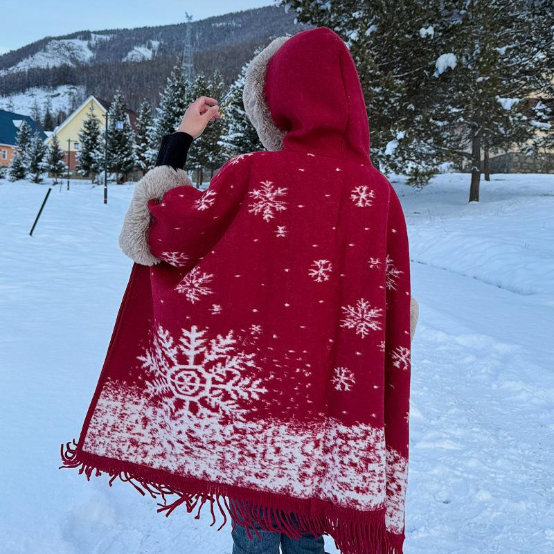 Tassel Thickened Fleece Plaid Shawl Cloak Retro Imitation Rex Rabbit Hair Collar Hooded Jacket Cloak