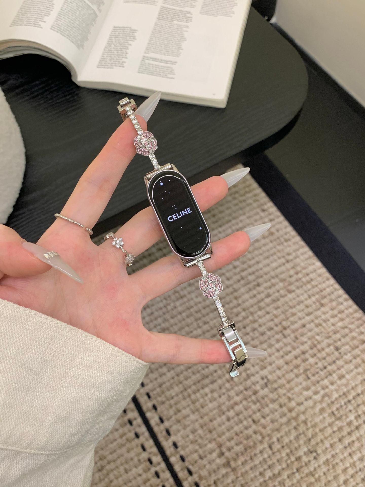 

Браслет с бриллиантом Камелия для Redmi Watch 4/5 и металлический ремешок для Xiaomi Smart Band For Xiaomi 8/9/10 алмаз/розовый