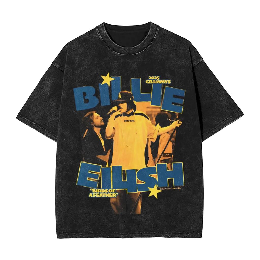 2026 Billie Eilish Divertido Póster Estampado Gráfico Camiseta Hombres Mujeres Moda Vintage Algodón Lavado Cuello Redondo Camiseta de Verano Top Casual Oversize Mangas Cortas