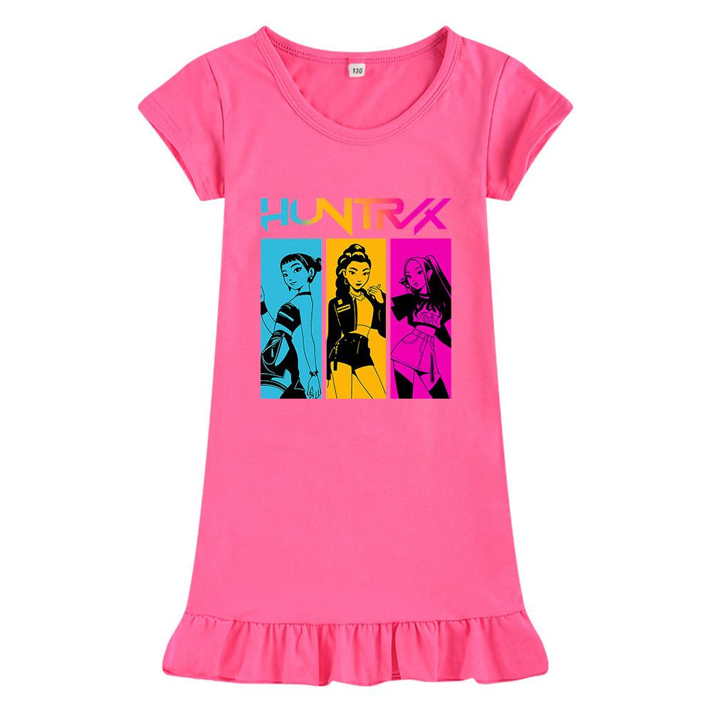 M1203 Kids Girls Kpop Rumi Zoey Mira Print Short Sleeves Ruffle Dress