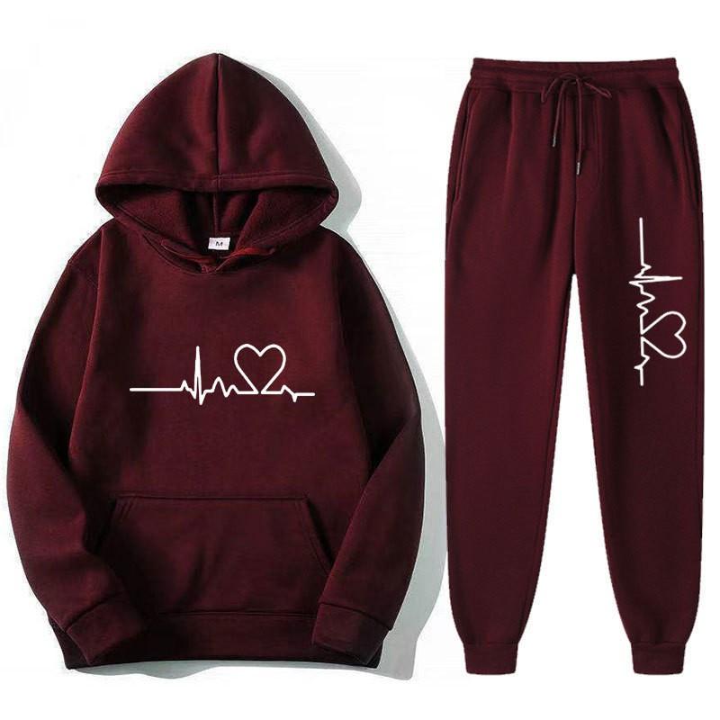 Unisex Oversized Hooded Sweatshirt Set With Heart Print Fleece Lined Casual Sportswear Fall