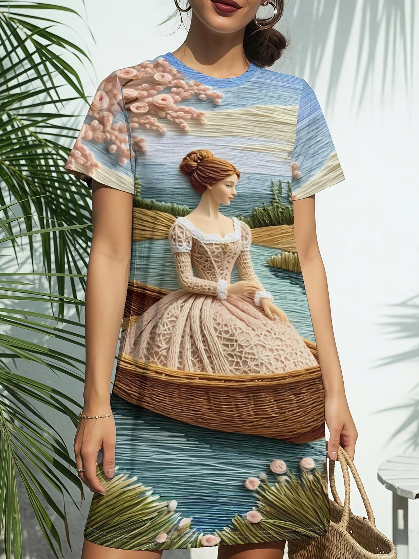 

Boat on Blossom River Presents a New Women S Short-Sleeve Round-Neck T-Shirt Dress. Embodying American Fashion Trends with Digital Prints for Spring A XL дубильная кора