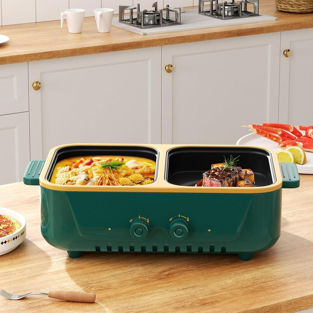 Electric Hot Pot and Grill Combo,Dual Temper Control,Fast Heating - Indoor Cooking Appliance for BBQ,Steaks,Noodles&More-Suitable for Up to 3 People