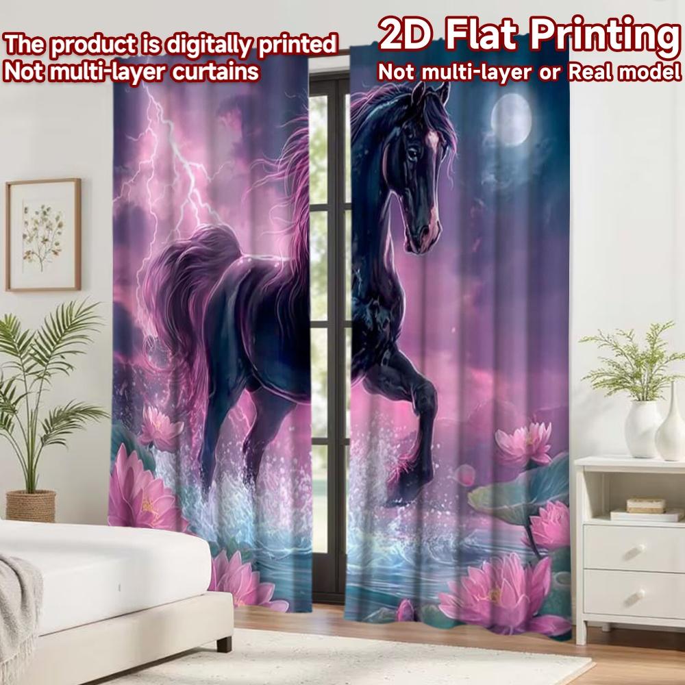 2D Flachdruck 2 Stück Vorhang Mondschein Schwarzes Hengst Digital Bedruckte Polyester Vorhänge Geburtstagsparty für Innen Außen