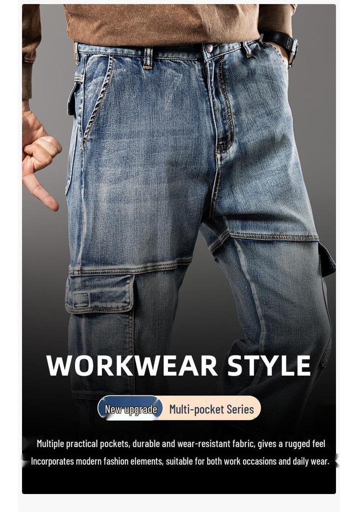 Men's Plus Size Wide Leg Multi-Pocket Workwear Denim Pants