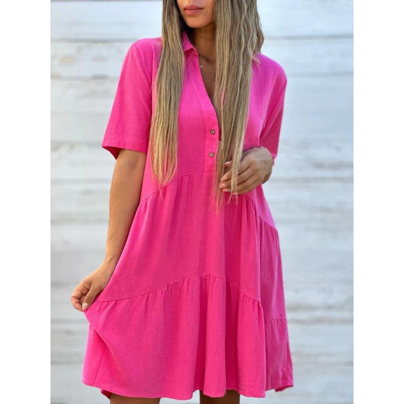 QICED Fashion Summer Spring Solid Color Print Short Sleeve V-Neck Casual Dresses