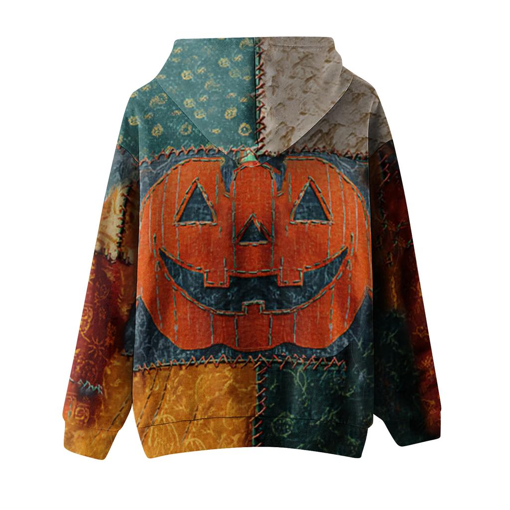 Women's Fashion Long Sleeve Pullover Halloween Print Hooded Pocket Sweatshirt