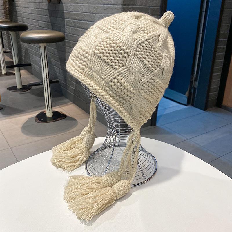 New Autumn and Winter Wool Ear Protection Hat Women's Fringed Velvet Thermal Cover Stacking Hat Casual Knitted Hat Cold Proof