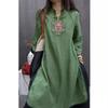 Women's Chinese Style Floral Embroidered Linen Midi Dress Mandarin Collar 3/4 Sleeve Loose Casual Ethnic Dress