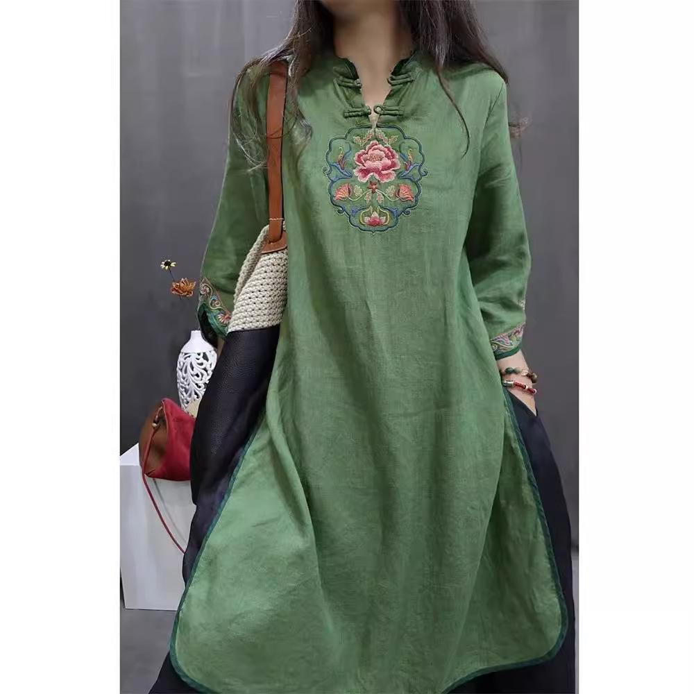 Women's Chinese Style Floral Embroidered Linen Midi Dress Mandarin Collar 3/4 Sleeve Loose Casual Ethnic Dress