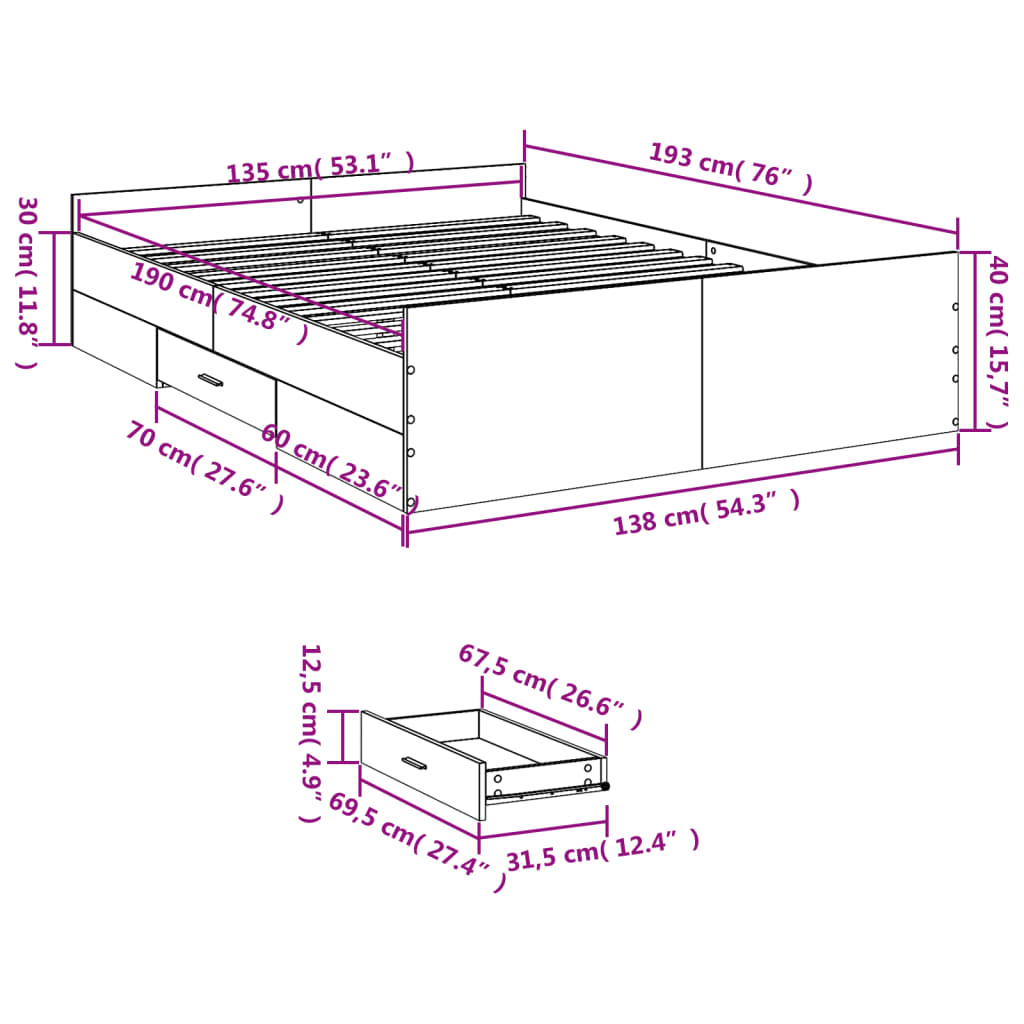 Bed Frame with Drawers Concrete Grey 135 x 190 cm Engineered Wood
