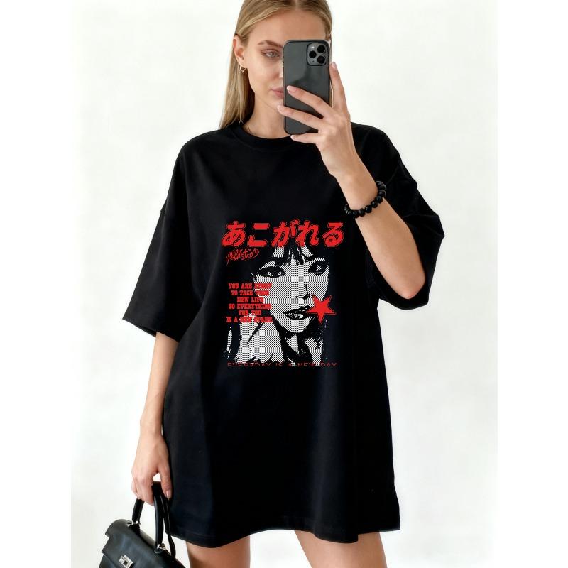 Oversized T-Shirt Black Japanese Text And Graphic Print With Star And Portrait Design Casual Streetwear For Women