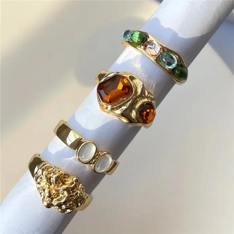 New Unique Design Liquid State Lava Flower Open Mouth Rings for Wonen Baroque Pearl Combination Ring Six-Piece Rings Set Jewelry