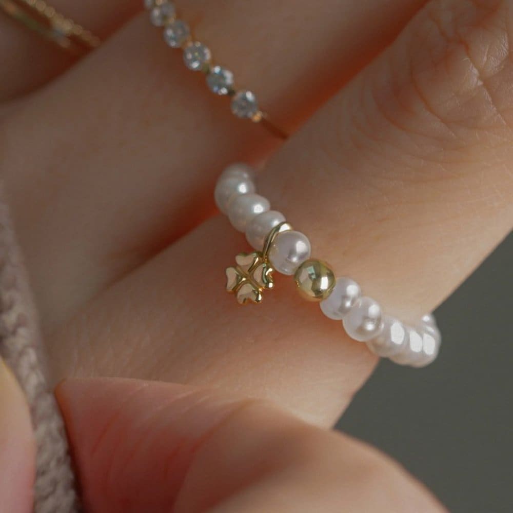 [New Pearl/Onyx] 14K Fury Natural Stone Clover Ring W