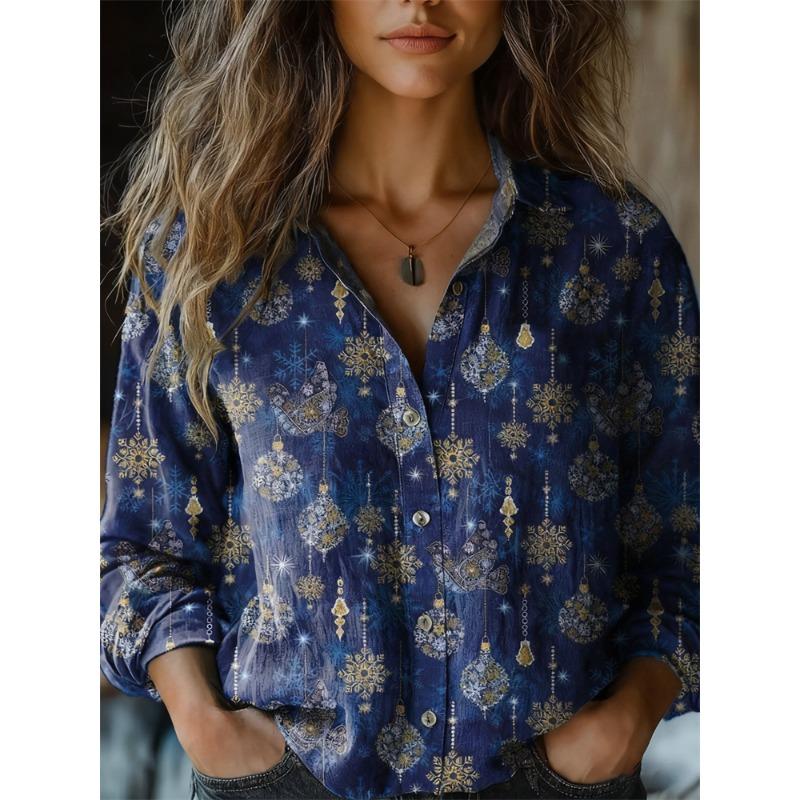 Christmas Style Women's Long-Sleeve Collared Breathable Shirt Relaxed Fit Plus Size Women's Christmas Party Top