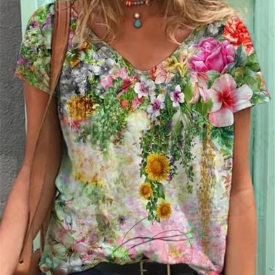 Sommer Vintage Floral Frauen T-shirts 3d Blume Pflanzen Druck T-shirt Frauen Mode T-shirt V-ausschnitt Übergroßen T Shirt Frauen Kleidung